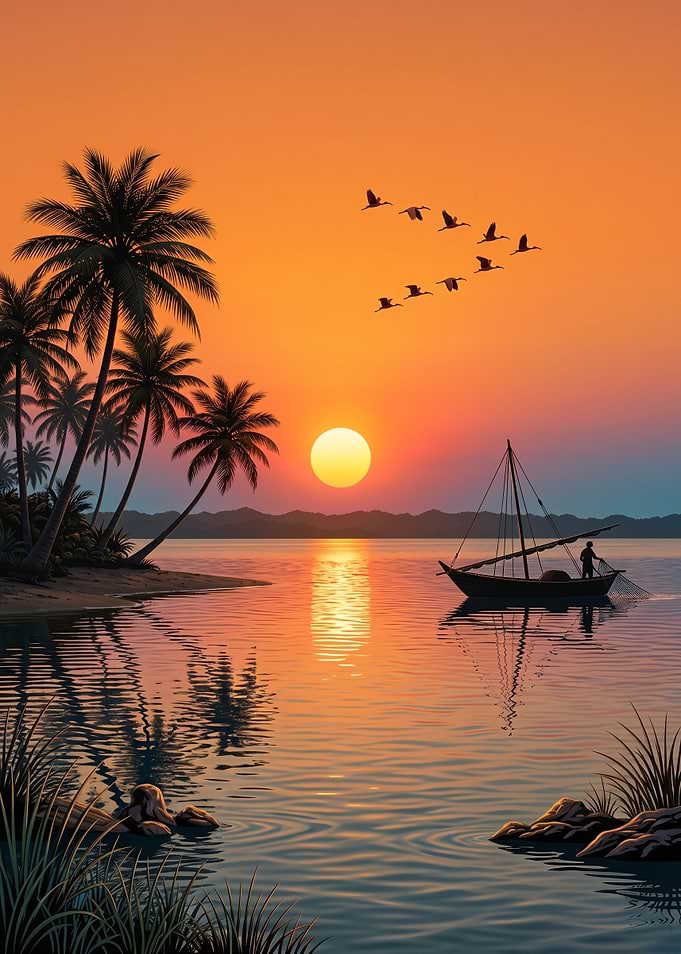 Tropical Sunset Fisherman Scene