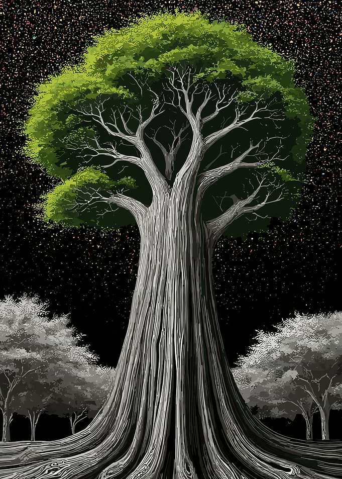 Majestic Ancient Tree Under Starry Sky