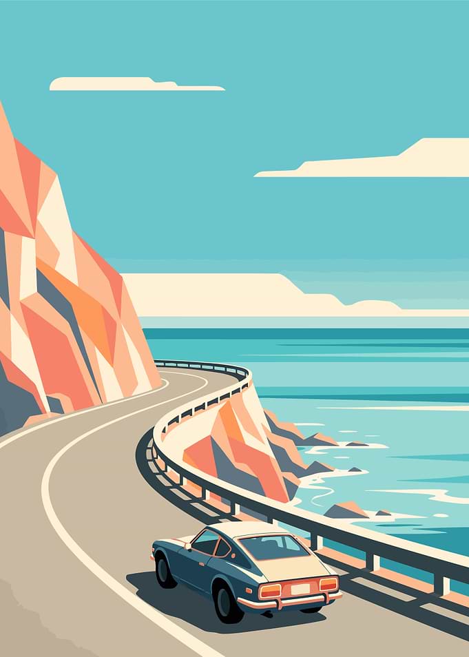 Vintage Car Driving Along Coastal Road