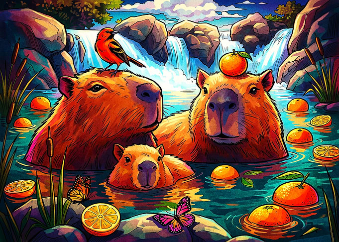 Capybaras Relaxing in Orange Infused Water