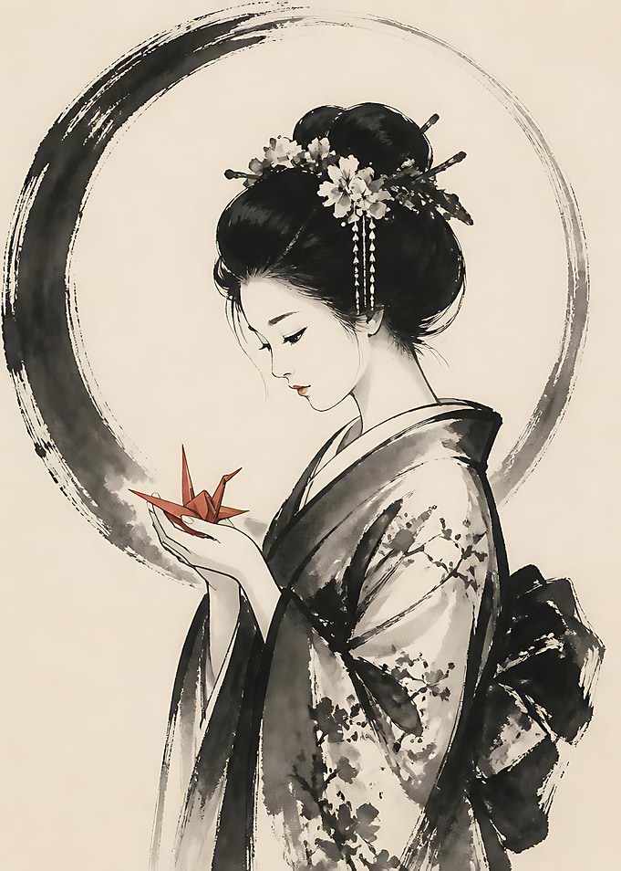 Geisha Holding Red Origami Crane