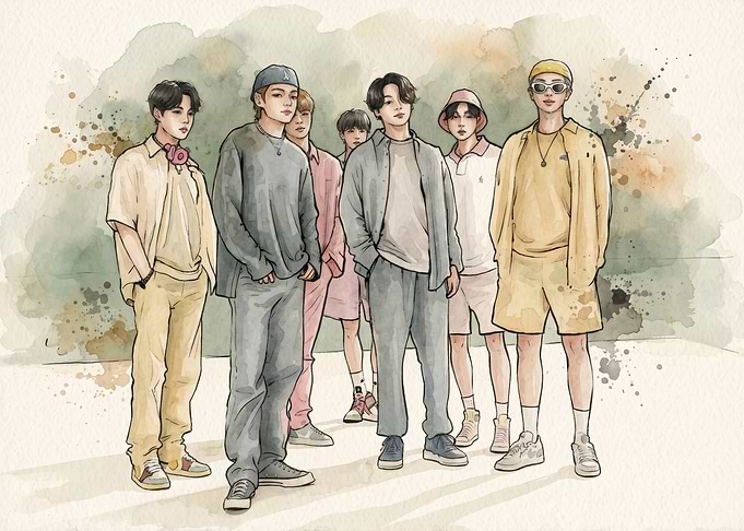 Watercolor Illustration of BTS Members
