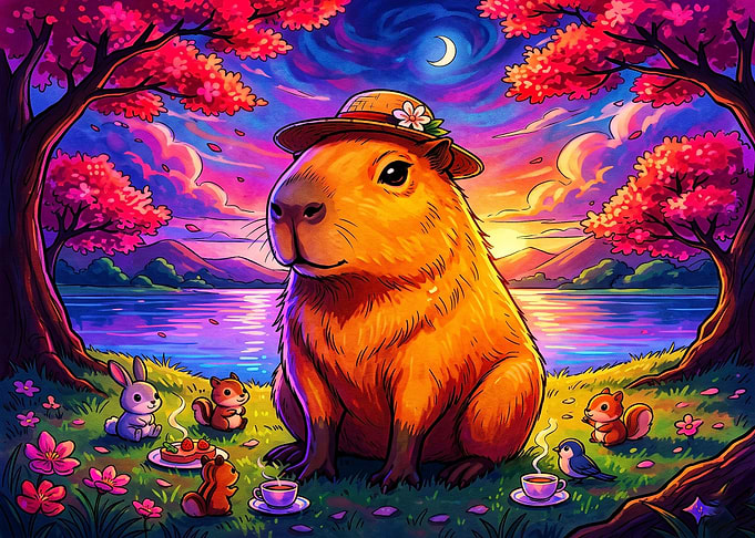 Capybara Having a Picnic at Sunset