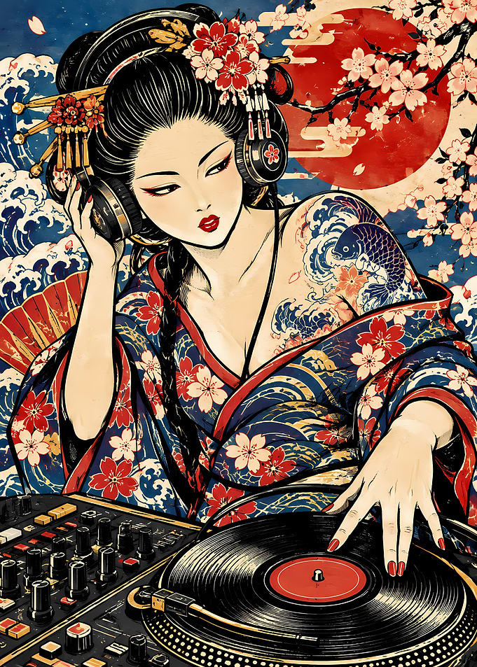 Geisha DJ with Vinyl Turntable