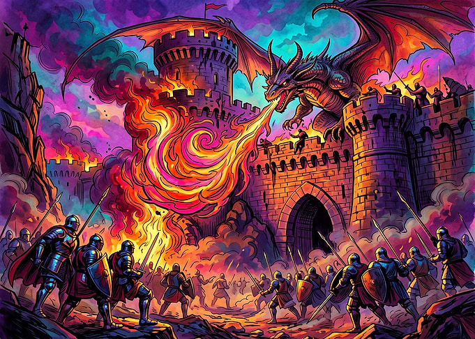 Dragon Attacking Medieval Castle Siege