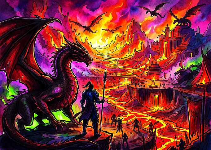 Warrior and Dragon in Volcanic Realm
