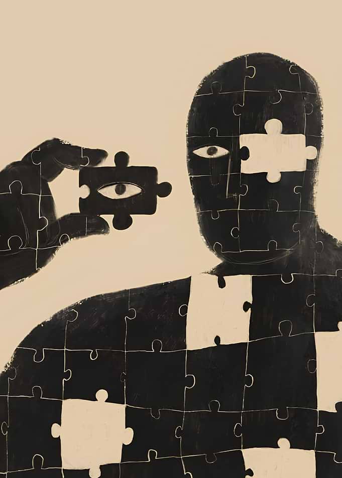 Puzzle Man Holding Eye Piece