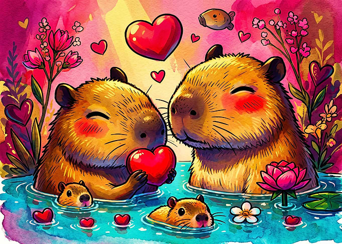 Cute Capybara Family in Love