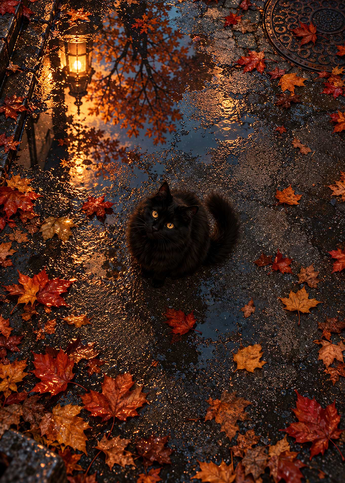 Black Cat in Autumn Rain