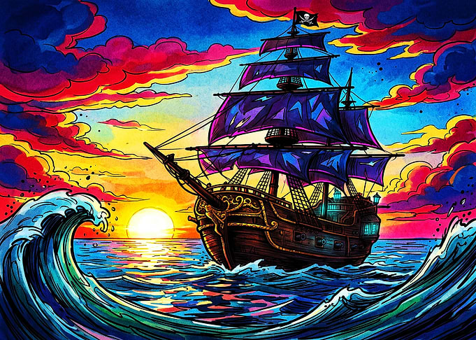 Vibrant Pirate Ship at Sunset