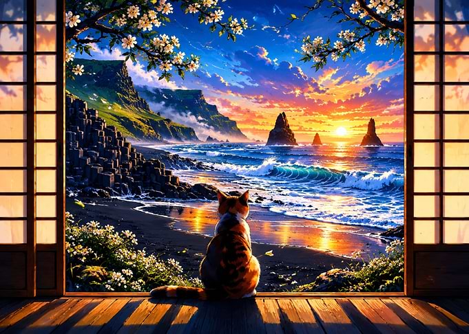 Sunset Seascape Through a Japanese Doorway