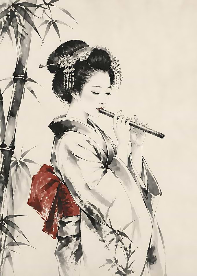 Geisha Playing Flute by Bamboo