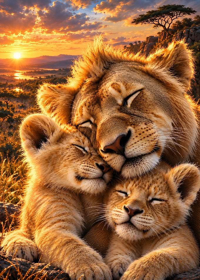 Lioness and Cubs at Sunset