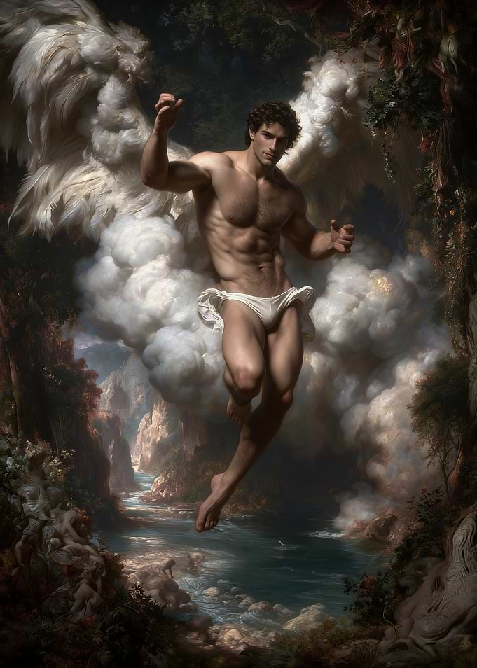 Muscular Angel Soaring Over Landscape