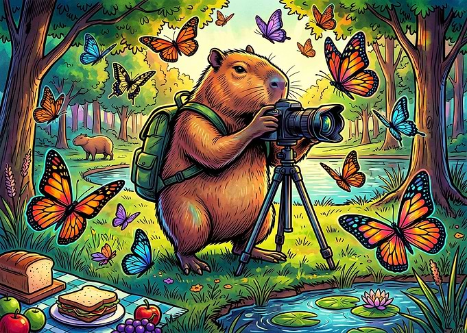 Capybara Photographer in a Butterfly Forest