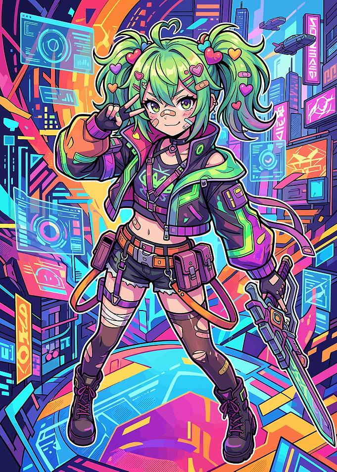 Cyberpunk Anime Girl with Neon Sword