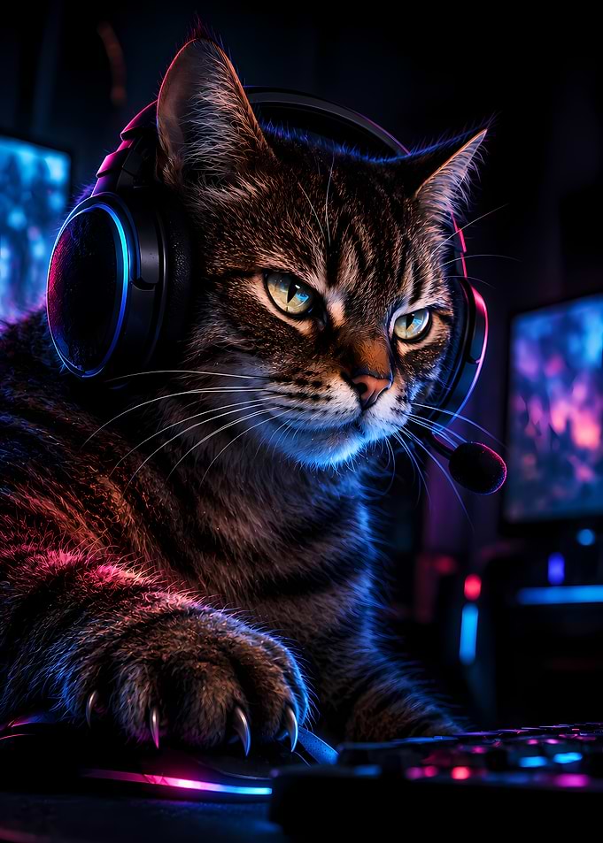 One Life Left - Gamer Cat with Neon Headset