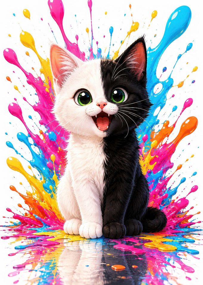 Split-Face Kitten with Colorful Paint Splatter