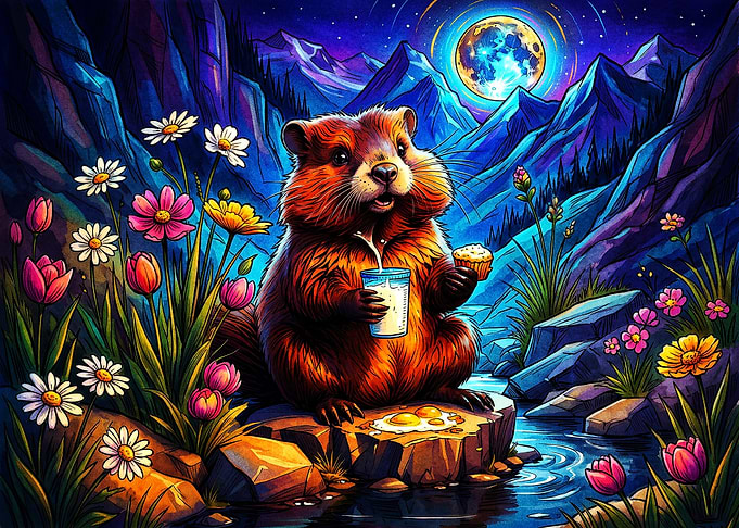 Groundhog Enjoying Breakfast Under Moonlight