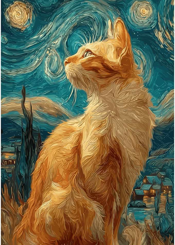 Ginger Cat in Starry Night Style