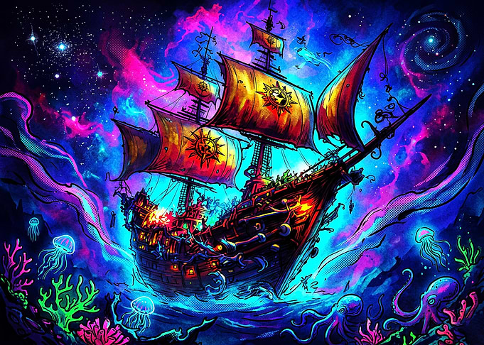 Cosmic Pirate Ship in Neon Nebula