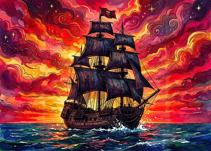Pirate Ship Sailing at Sunset