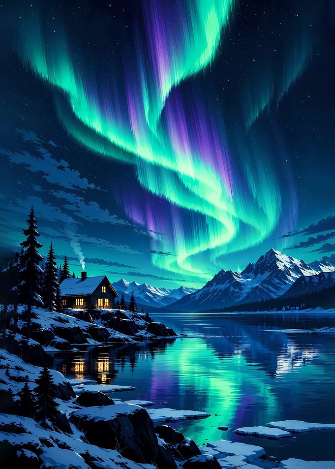 Cozy Cabin Under Northern Lights Aurora Borealis
