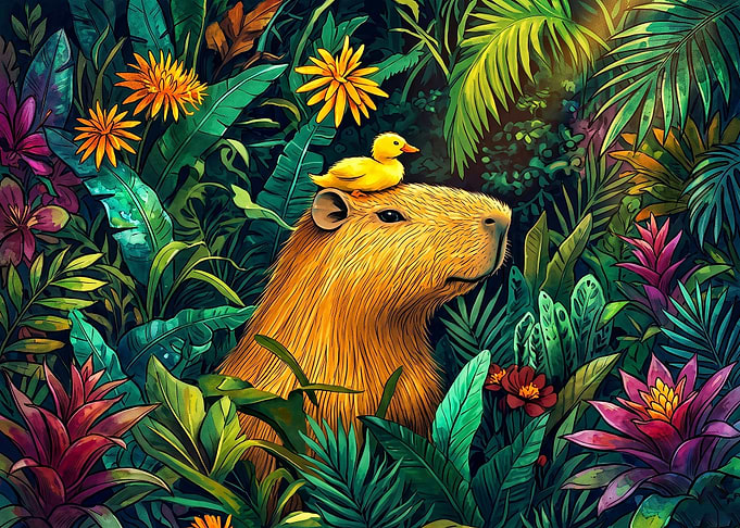 Capybara with Duck in Jungle