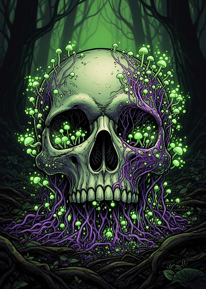 Glowing Mushroom Skull in Dark Forest