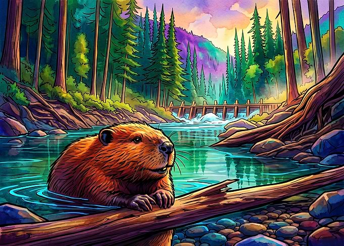 Beaver in a Vibrant Forest Stream
