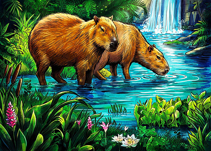 Two Capybaras in a Tropical Oasis