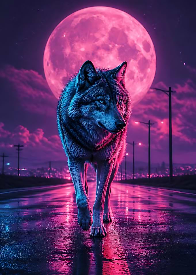 Neon Wolf Walking Under Pink Moon