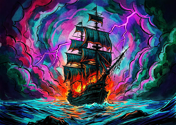 Burning Pirate Ship in Storm
