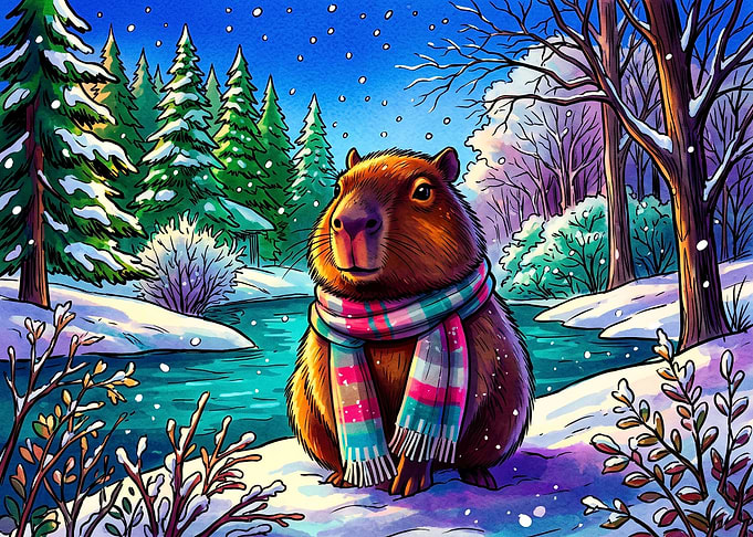 Capybara Wearing Scarf in Winter