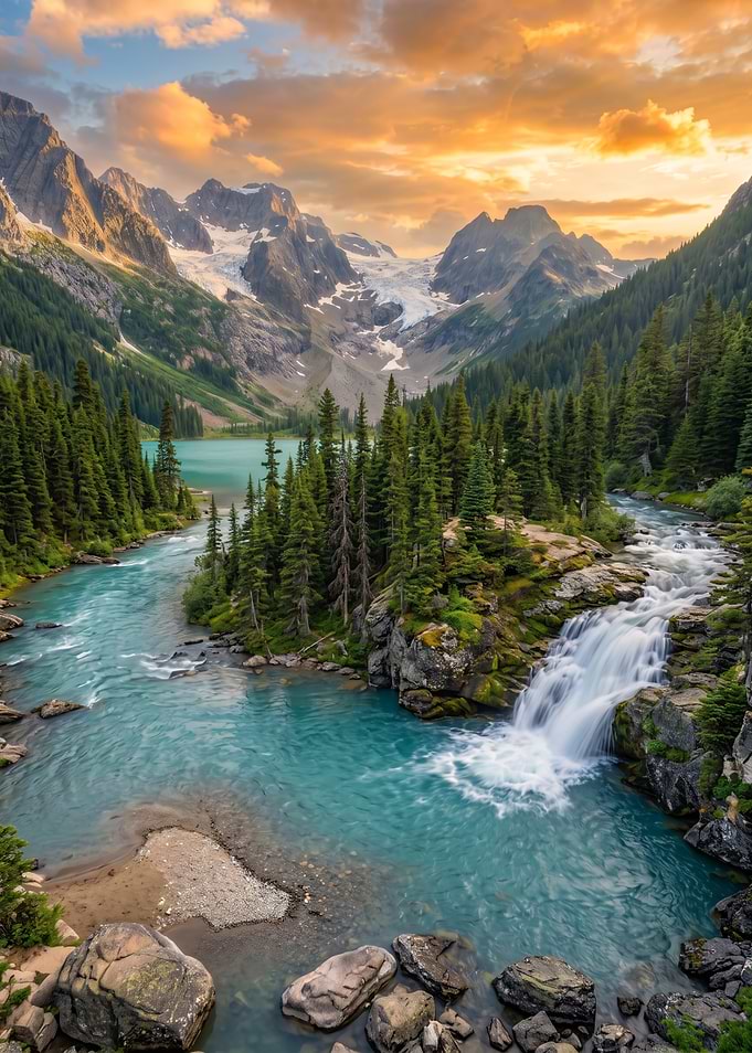 Glacial Waterfall at Sunset