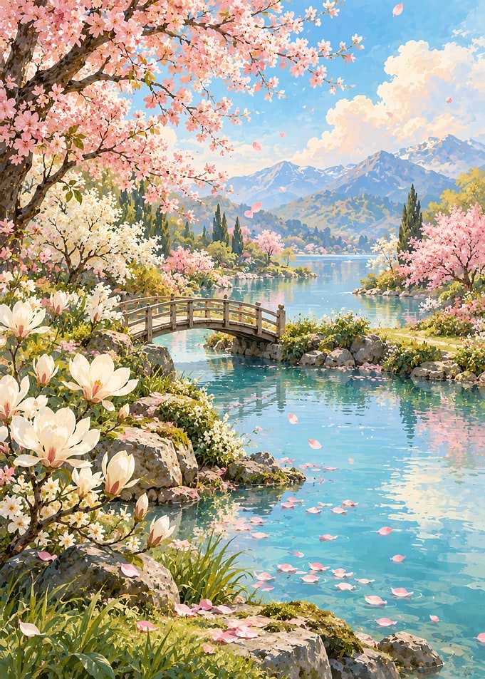 Serene Spring Landscape with Cherry Blossoms