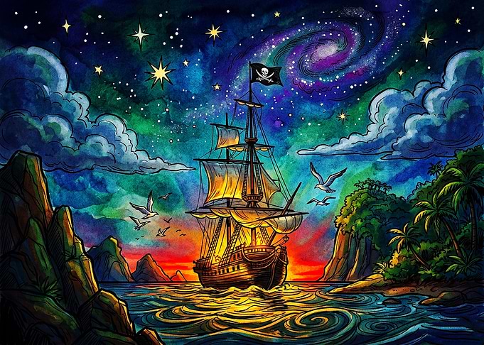 Pirate Ship Under Cosmic Night Sky