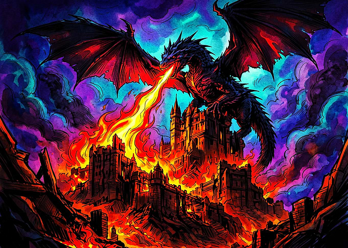 Dragon Attacking a Burning Castle