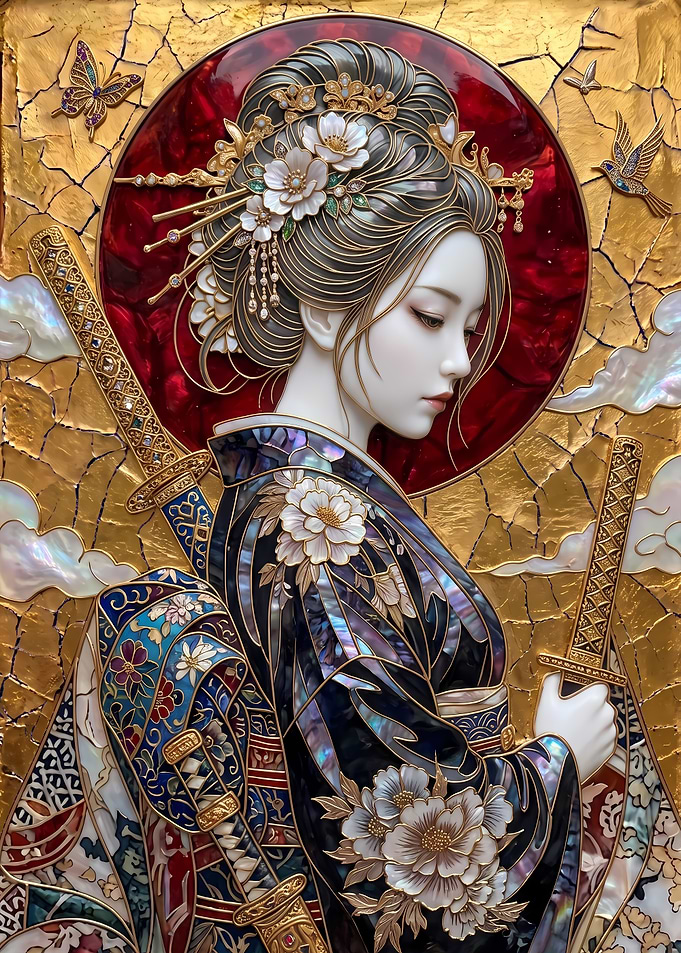 Elegant Geisha Warrior with Golden Accents