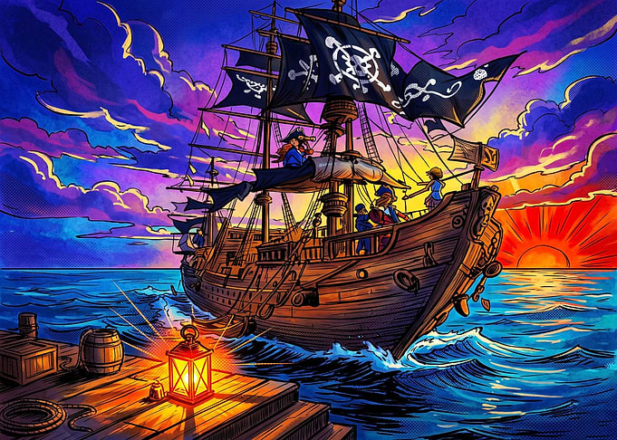 Pirate Ship Sailing at Sunset