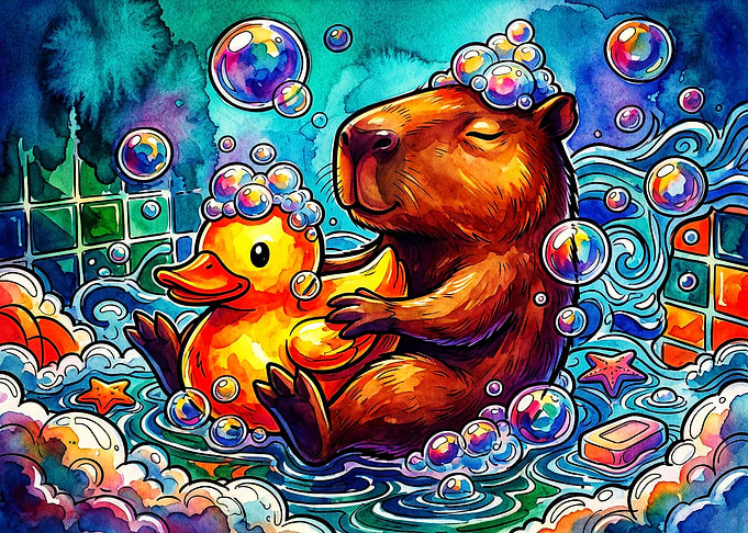 Capybara Bathing with Rubber Duck