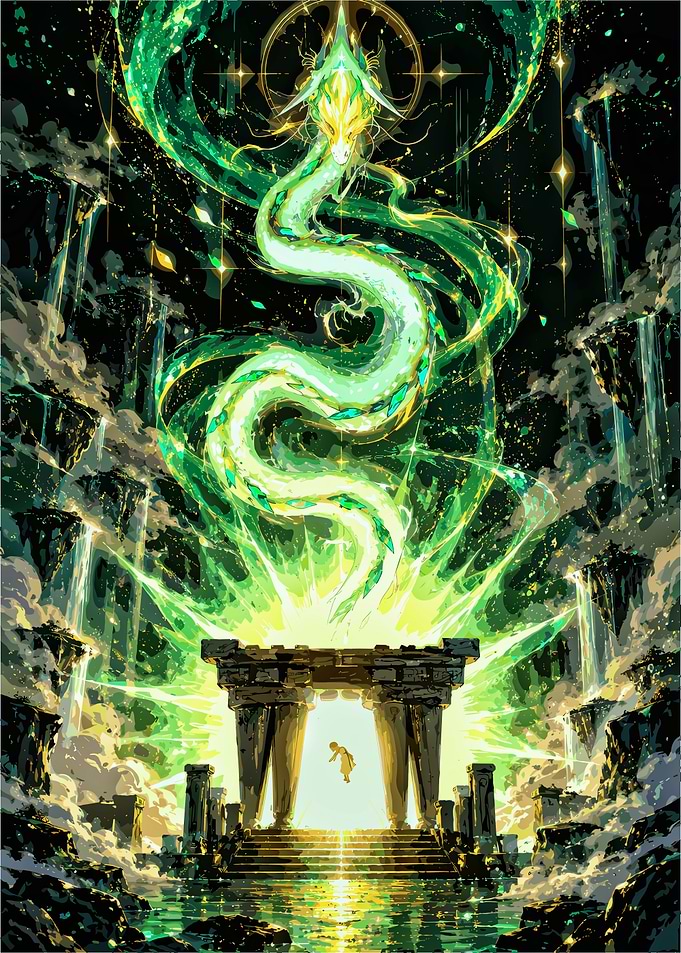 Ethereal Dragon Rising from Ancient Ruins