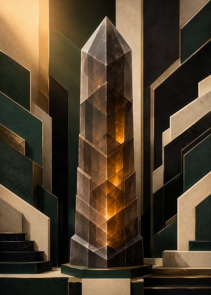 Smoky Quartz Tower Art Deco Monument with Amber Crystal, Emerald Architecture and Golden Geometric Wall Art