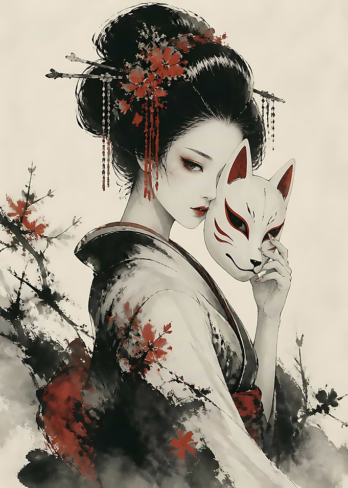 Geisha with Kitsune Mask Illustration