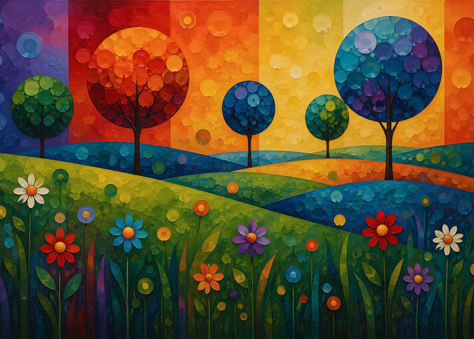 Vibrant Rainbow Landscape with Stylized Trees