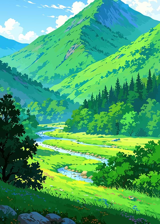Vibrant Anime Style Mountain Valley Landscape