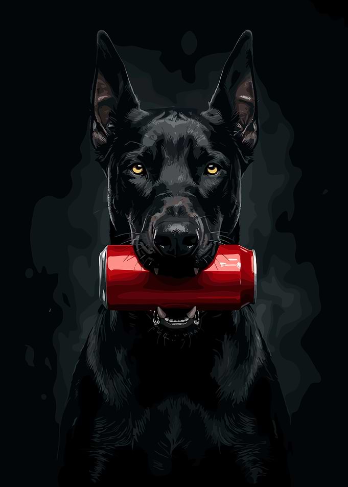 Black Dog Holding Red Soda Can