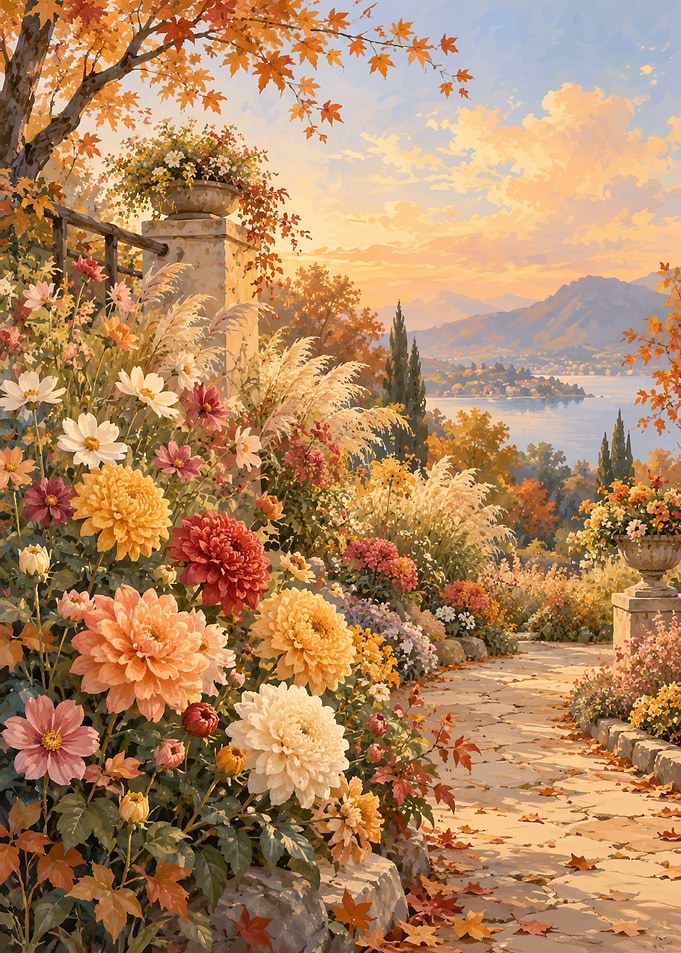 Autumn Garden Path Overlooking Lake