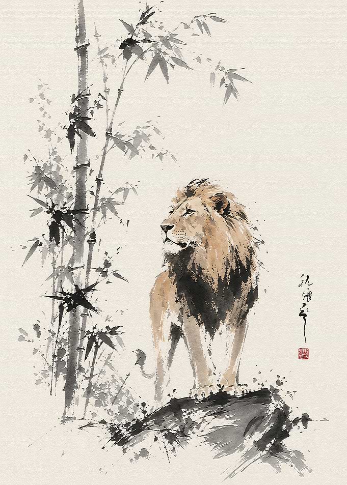 Lion Standing by Bamboo Ink Wash