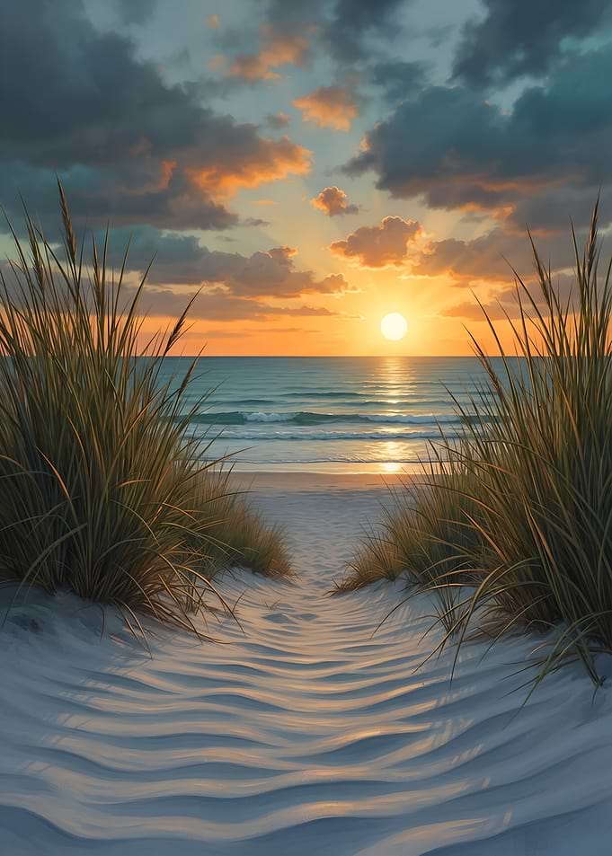 Golden Sunset Over Sandy Sea Beach